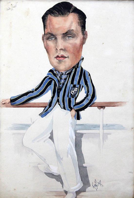 J.W.A. Caricatures of a gentleman wearing a sporting blazer and reclining in a steamer chair largest 14 x 10in.